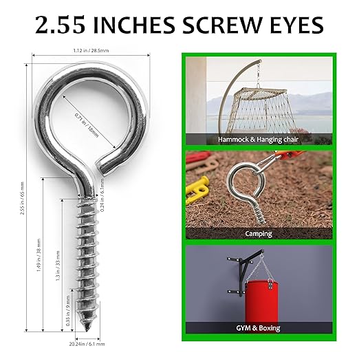 M5 20 Pcs 304 Stainless Steel Screws Eye,2.56 Inch Screw Self Tapping Eye,Load Bearing 200LB, Duty Eye Bolt for Wood Securing Cables Wire,Indoor & Outdoor Use (20, M5 2.56 Inch)