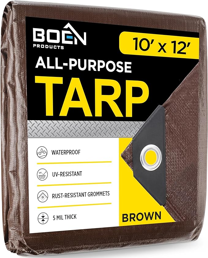 Multi-Purpose Large Tarp Waterproof Cover | Brown, 10' x 12' 5 Mil Thick | Rip Proof Tarps | Thick Weave Material, UV Resistant Great for Tarpaulin Canopy Tent, Boat, RV or Pool Cover