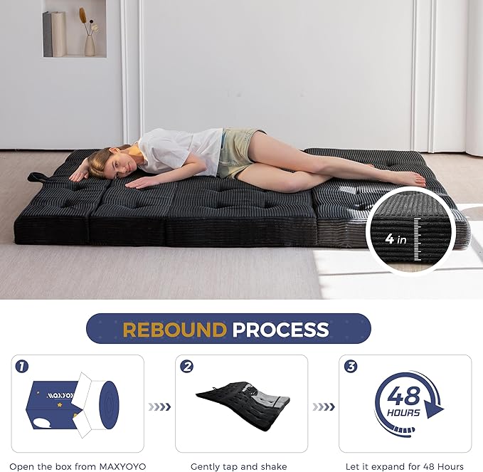 MAXYOYO Folding Mattress, 4 Inch Tufted Foldable Mattress Full Foam Bed, Tri-Fold Floor Couch with Handles Guest Bed Topper Portable Camping Mat with Corded Fabric, Full Size, Black