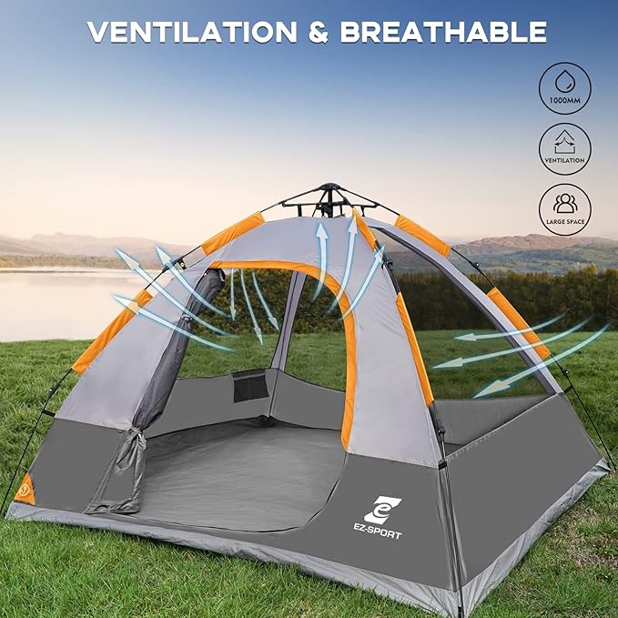 EZ-Sport Pop Up Camping Tent - 4 Person Instant Easy Set Up Family Tent with Removable Rain Fly, Waterproof Windproof Automatic Tent for Outdoor Camping Hiking Backpacking Traveling