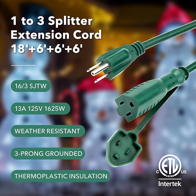 BN-LINK 1 to 3 Splitter Extension Cord, 24 ft End to End(36 ft Total), Multi-Outlet Power Cord, 16/3 SJTW Weather Resistant for Lighting, Landscaping & Holiday Decorations, Grounded, ETL