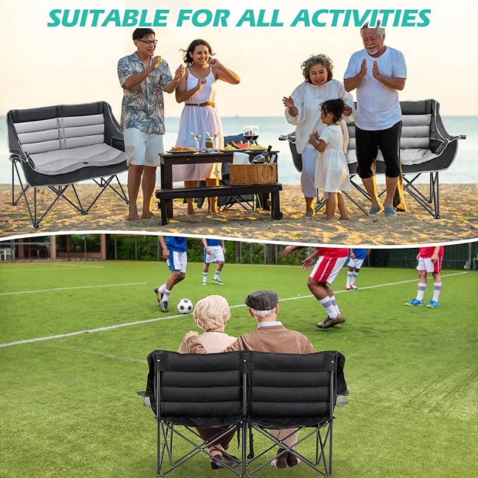DoCred Double Camping Chair - Oversized Loveseat, 2 Person Camping Chair for Adults Heavy Duty,Two Person Folding Chair with Cup Holder, Supports up to 500 LBS for Outside Picnic Beach Travel