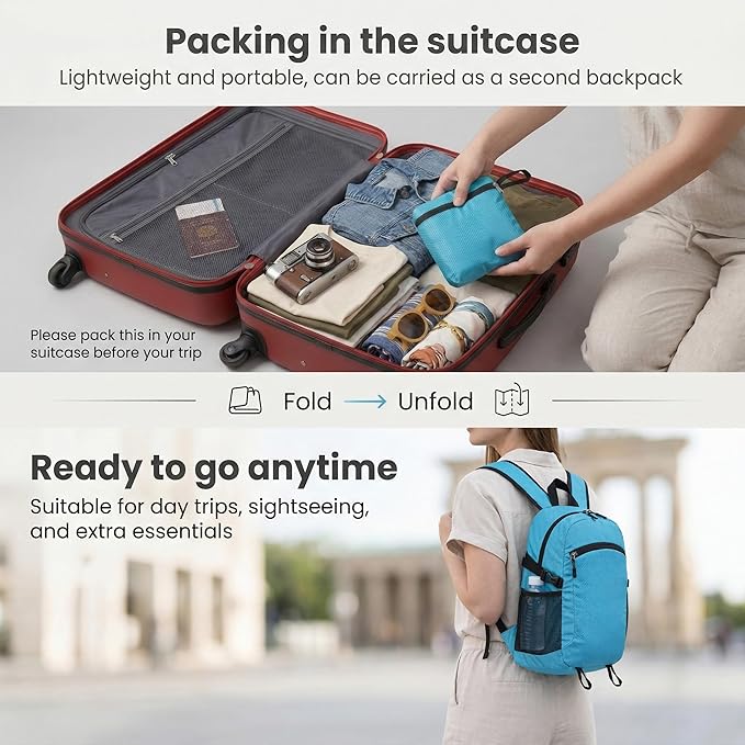 Lightweight Hiking Backpack 18L Packable Foldable Small Daypack Collapsible Travel Bag Water-Resistant for Adults (Blue)