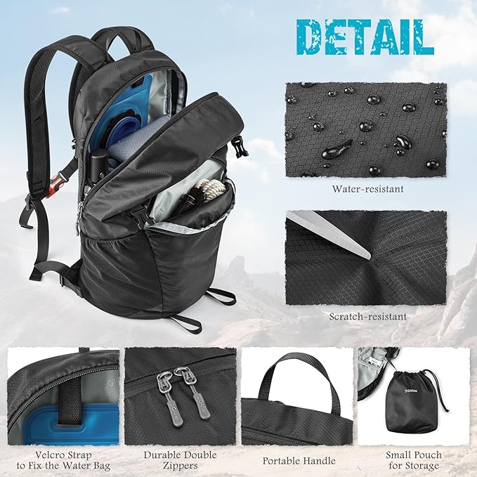 G4Free Hiking Backpack with Thickened Back Panel Packable 25L Lightweight Foldable Travel Daypack for Men Women(Black)
