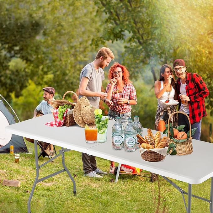 6ft Plastic Folding Table with Black Tablecloth, Portable Picnic Table Outdoor for Camping, Party, Wedding, Picnic with Lock, Handle - White