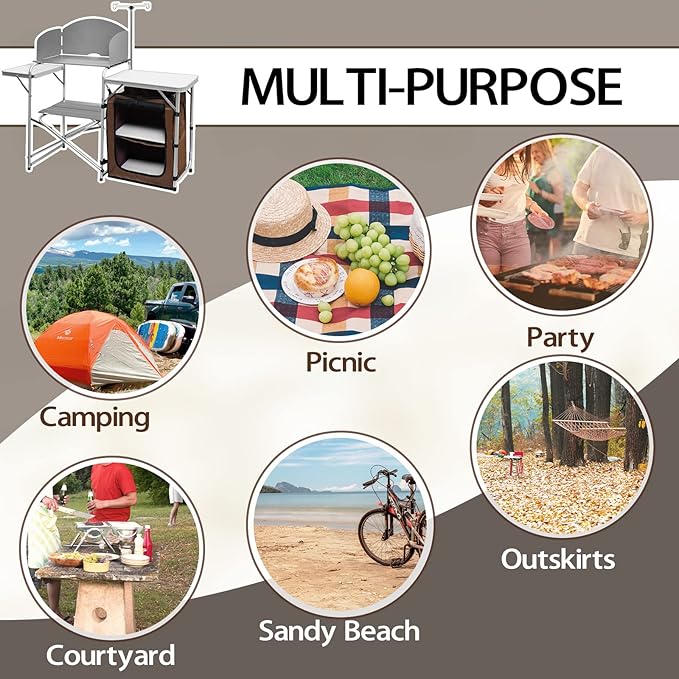 Camp Kitchen Table with Storage Organizer, Outdoor Cooking Table, Grill Tables for Outdoor,Portable Aluminum Windscreen Hooks for BBQ, Party (White)