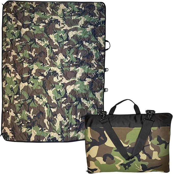 Outdoor Packable Camo Blanket - 1000D Polyester Interior & RIPSTOP Fabric Exterior Blanket with Adjustable & Removable Carrying Strap - Front, Back Storage Pocket - Ideal for Camping & Outdoor Use