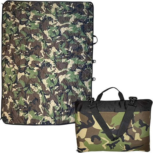 Outdoor Packable Camo Blanket - 1000D Polyester Interior & RIPSTOP Fabric Exterior Blanket with Adjustable & Removable Carrying Strap - Front, Back Storage Pocket - Ideal for Camping & Outdoor Use