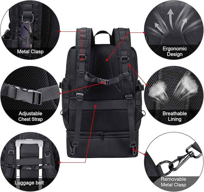 BERTASCHE Lunch Backpack for Men, 17 inch Laptop Backpack for Work Travel Camping Tactical Molle Daypack, Black