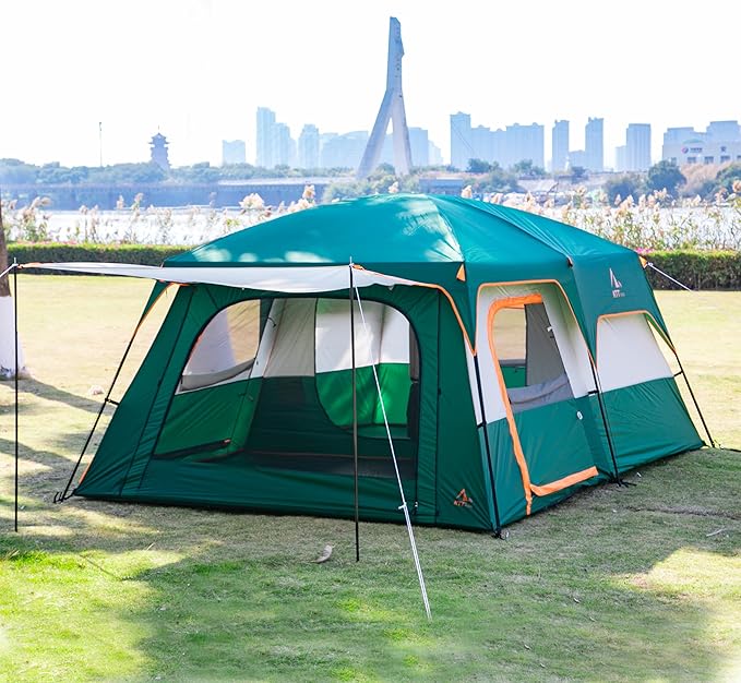 KTT Extra Large Tent 6-10-12-14 Person(B),Family Cabin Tents,2 Rooms,3 Doors and 3 Windows with Mesh,Straight Wall,Waterproof,Double Layer,Big Tent for Outdoor,Picnic,Camping,Family Gathering