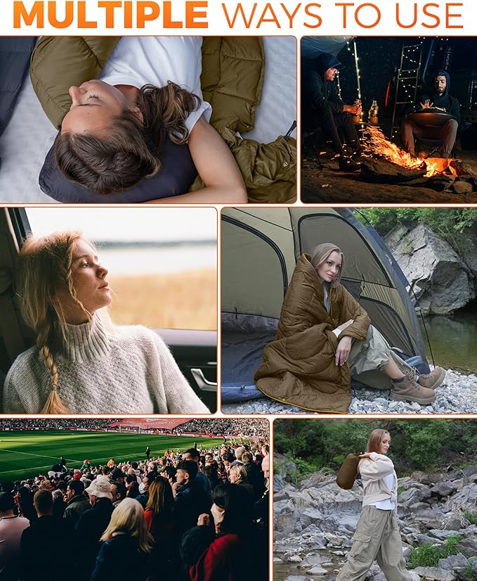 KingCamp Ultralight Camping Blanket, Packable Down Alternative Puffy Wearable Blankets Weatherproof Warm Package Quilt with Snap Buttons for Outdoor Hiking Travel Picnic Stadium (69" L x 53", Olive)