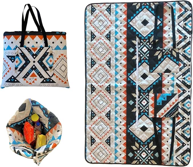 Outdoor Packable Picnic Blanket with Zipper Folds into Tote Bag with Large Storage and Shoulder Strap, Waterproof Sandproof for Lawn Beach Hiking Camping (colorful2, Small)