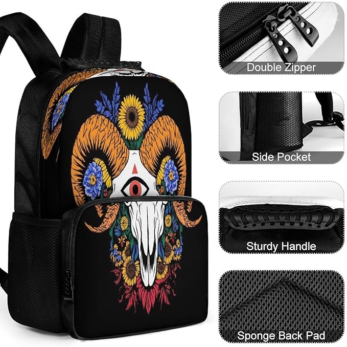 Lightweight Rucksack for Sports Travel Running, Big Capacity Multipurpose Anti-Theft Bookbag, Sunflower Goat Skull Art Travel and Sport Backpack Rucksack
