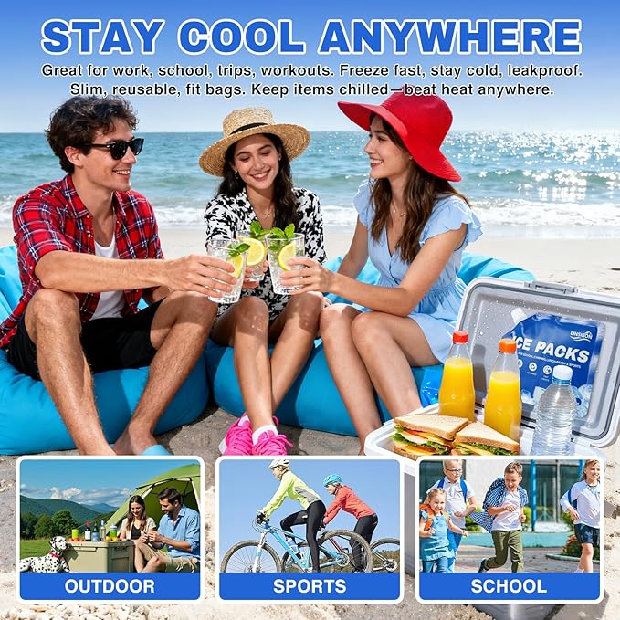 Ice Packs for Cooler 12Pcs 2025 Upgrades Freezer Lunch Boxes Reusable Coolers Shock Wheels Long Lasting Dry Pack Large Cold Blocks Accessories Cubes Slim Box Flat Camping Essentials 10x9x1 In