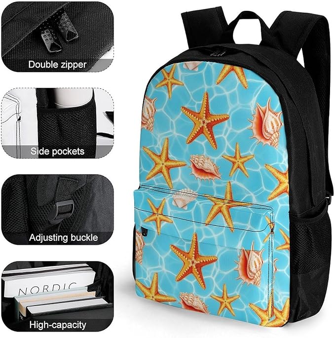 Large Rucksack for Outdoor Hiking and Camping with Daypack Design, Summer Beach Starfish Seashell Daypack Backpack Men Women