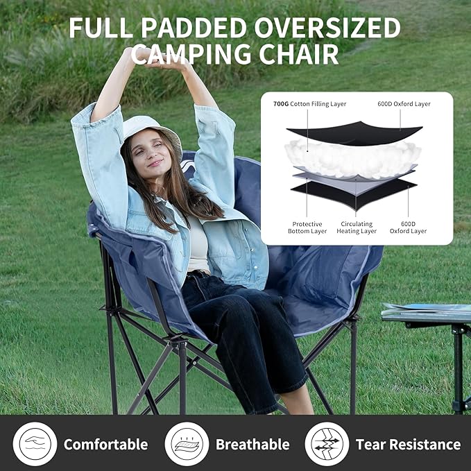 2 Pack Oversized Heated Camping Chair, 3 Heating Levels Soft Padded Camp Chairs with Pillow and Storage Bag, 2 Pack Portable Folding Outdoor Heated Moon Chair for Lawn Patio Beach and Picnics