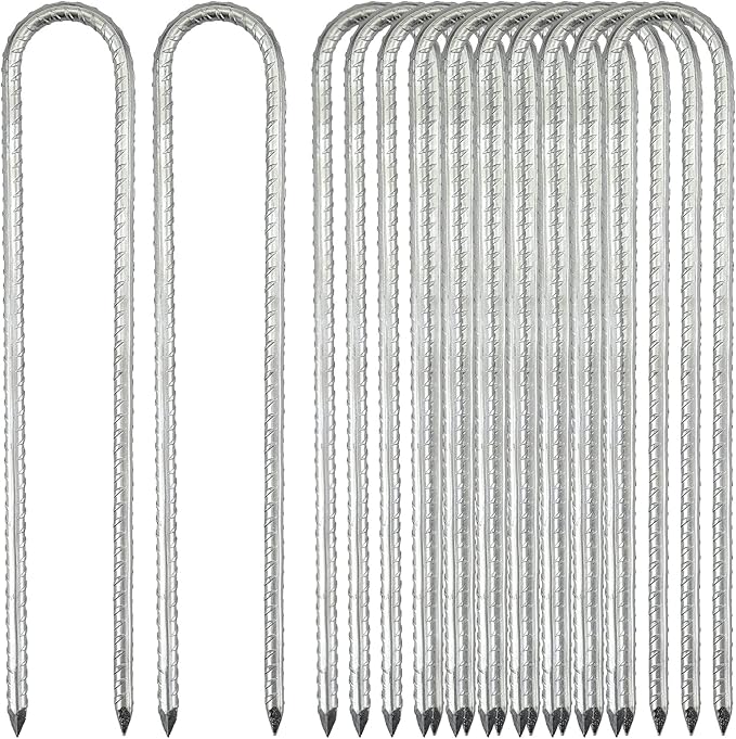 JOIKIT 12 Pack 12 Inch Silver U Shaped Trampolines Rebar Stakes, 5/16" Thick Heavy Duty Galvanized Steel Landscape Garden Ground Anchor Stakes Securing Pegs for Swing Set, Anchoring Tents, Trampoline