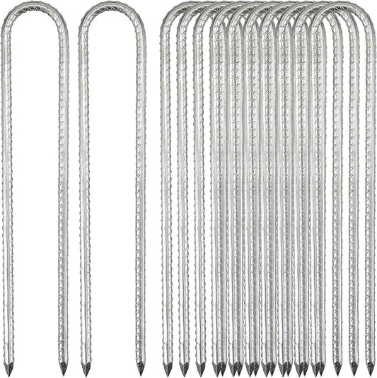 JOIKIT 12 Pack 12 Inch Silver U Shaped Trampolines Rebar Stakes, 5/16" Thick Heavy Duty Galvanized Steel Landscape Garden Ground Anchor Stakes Securing Pegs for Swing Set, Anchoring Tents, Trampoline