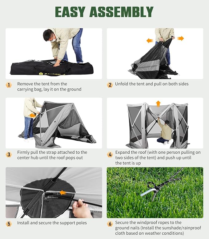 6 Sided Pop Up Gazebo Tent, Outdoor Gazebo with 6 Removable Wind Cloths, Pop-Up Canopy Shelter with Mesh Windows, Quick Set, 11x11 Feet Space, Camping Screen Tent for 8-10 Person Foldable