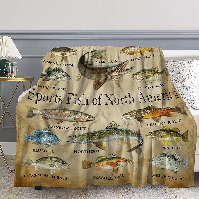 Fishing Gifts for Men Women, Fish Decor Blanket, Fishing Accessories Soft Throw Blanket for Couch Sofa Bed 60" X 50"