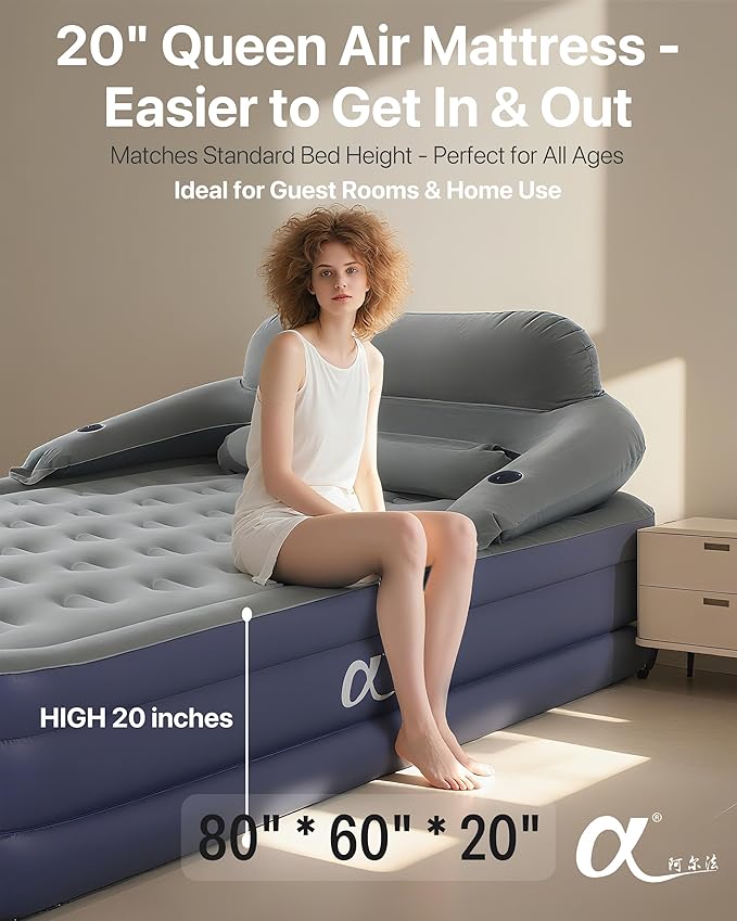 A-ER-FA Queen Air Mattress with Detachable Headboard and Cup Holder - 20 Height 700lbs Capacity Comfort Inflatable Bed for Guests Home Camping and Travel Durable Construction,Colchón Inflable,Air Bed