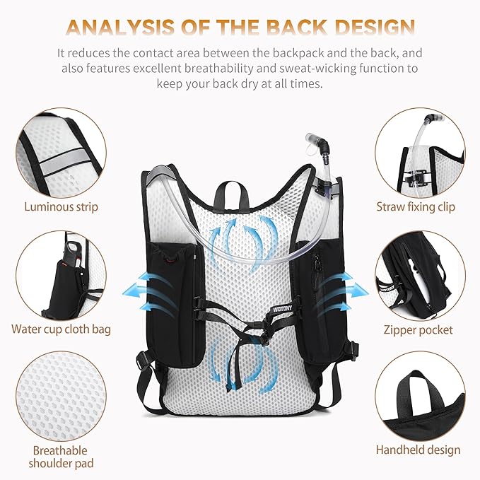 Wotony Lightweight Hydration Backpack with 2LOR 3LWater Bladder for Cycling Hiking Rave - Water Daypack for Men Women