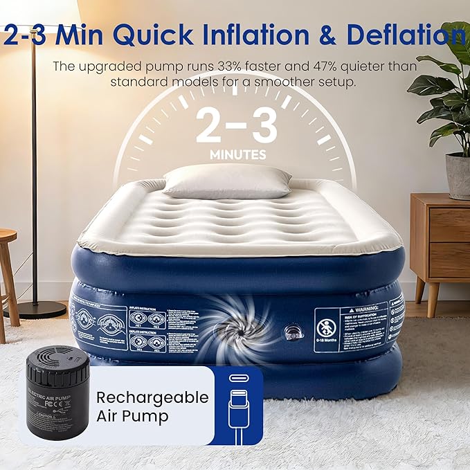 Camping Twin Air Mattress with Built-in Pump 18" Thickness 330lbs Heavy Duty Comfortable Blow up Air Mattress with Carry Bag Inflatable Foldable Flocked Top Air Bed for Travel, Home (Blue & Grey)