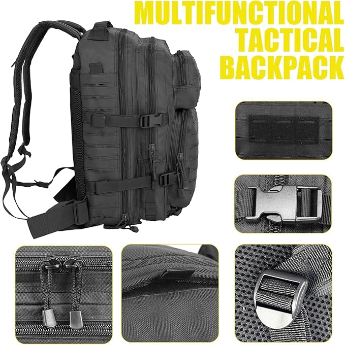 40L Tactical Backpack, Camouflage Military Bug Out Bag, Durable MOLLE Hiking Camping Gear (BLACK)