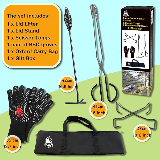5-in-1 Dutch Oven Camping Accessories Kit - Campfire Cooking Equipment with Heat-Resistant Gloves, 16" Scissors Tongs, Lid Lifter, Lid Stand & Trivet | BBQ Tools, Outdoor Camping Cookware