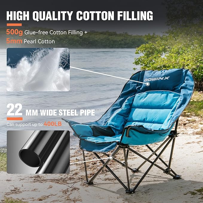 Dowinx Oversized Camping Chair for Adults - Extra Large, Folding Lawn Chair with Cup Holder, 3-Level Adjustable, 400 lbs Capacity, Blue