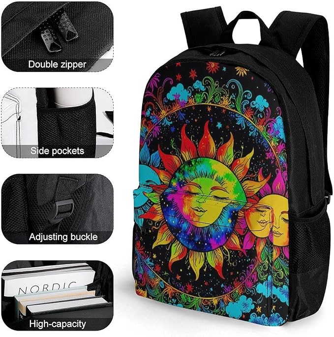 Supdreamc Polyester Daypack Backpack for Trekking Picnic Walking Cycling, Large Capacity Anti-Theft Multipurpose Shoulder Bag, Mandala Triple Sun Hippie Trippy Psychedelic Boho Art Casual Daypack