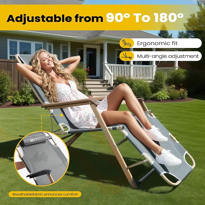 CXC Adjustable Zero Gravity Patio & Comfortable Folding Chair with Foot Rest & Adjustable Back Angle, Ideal for Office Naps, Fishing, Patio 250lbs Capacity