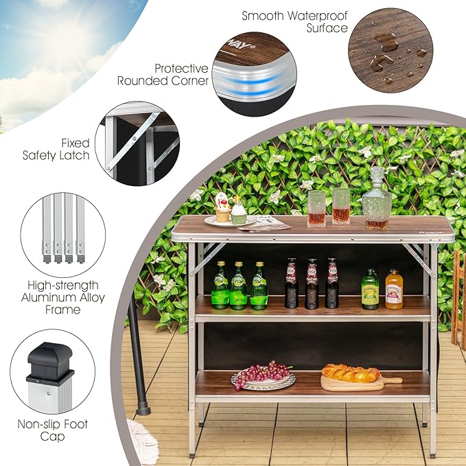 HAPPYGRILL Folding Camping Table with Storage, Aluminum Picnic Table with 2-Tier Shelves, Large Tabletop, Carry Bag, Removable Cloth Cover, Outdoor Lightweight Dining Camp Table for Picnic BBQ Party