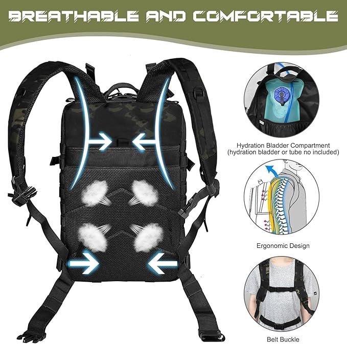 WOLT Military Tactical Backpack for Men 45L Molle Backpack 3 Day Assault Pack Bug Out Bag, Heavy Duty Rucksack for Hiking Gym, Camouflage Black