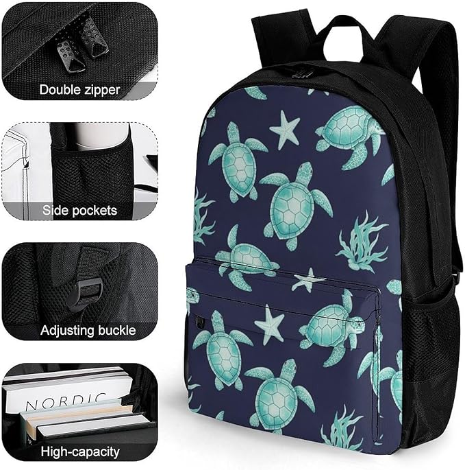 Versatile Polyester Backpack with Large Capacity for Business and Casual Activities, Sea Turtle Tavel Hiking Camping