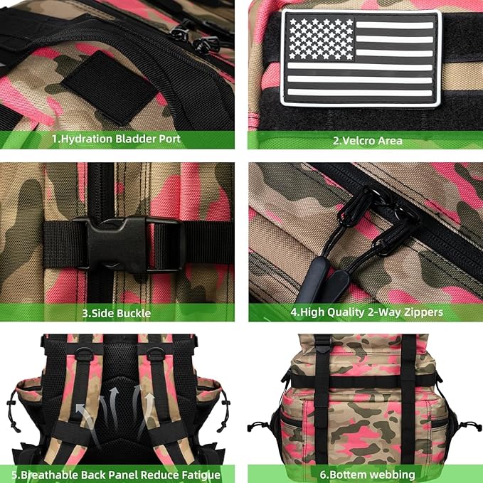 Military Tactical Backpack 55L for Men & Women Bug Out Bag Assault pack Molle Daypack Hiking Trekking Rucksack (Pink camouflage)