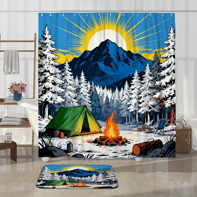 Mountain Shower Curtain Sets, Nature Outdoor Tent Campfire Summer Blue Waterproof Fabric Bathroom Sets with Shower Curtain and Rugs Decorative for Toile Guest Room 72x72 Inch