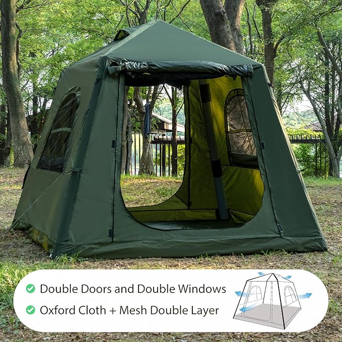 Inflatable Camping Tent with Hand Pump Waterproof Outdoor Blow up Tent 2-8 Person Oxford 4 Season Glamping Air Tent Cabin House with Mesh Windows & Door