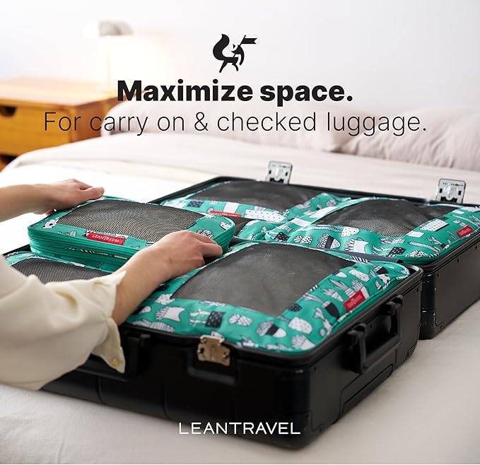 LeanTravel Premium Compression Packing Cubes for Travel - Luggage Organizers with Double Zipper - Sturdy Bags for Suitcase (6-Pack, Green Cactus)