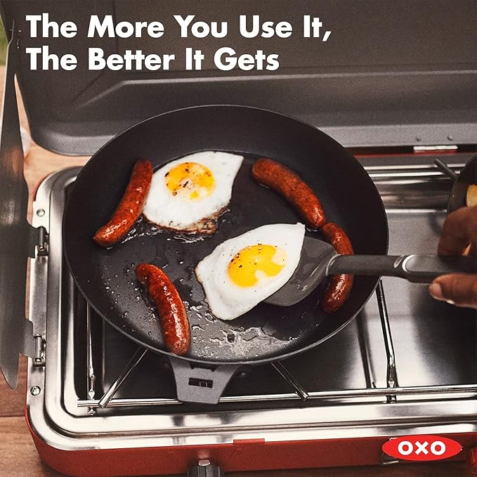 OXO Outdoor Pre-Seasoned Carbon Steel 12" Frying Pan Skillet, Detachable Handle for Easy Storage, Indoor Use, Nonstick with Use, Induction Suitable,Oven & Broiler Safe,Browning, Grill,Sear,Saute,Black