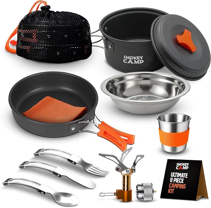 Camping Cookware Mess Kit Set with Stove - Backpacking Camping Pots and Pans Set, All in One Non-Stick Camping Cooking Set, Portable Stove, Hiking, Picnic, Outdoor & Camping Cookware Set