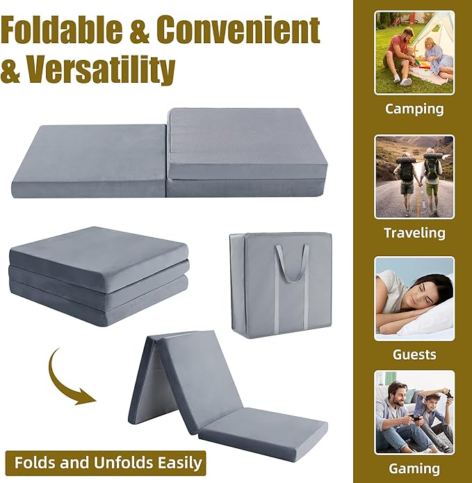 HOMBYS Tri Folding Memory Foam Camping Mattress for Outdoor Sleeping, Portable Waterproof Camping Pad Mat for Travel Truck Bed Tent