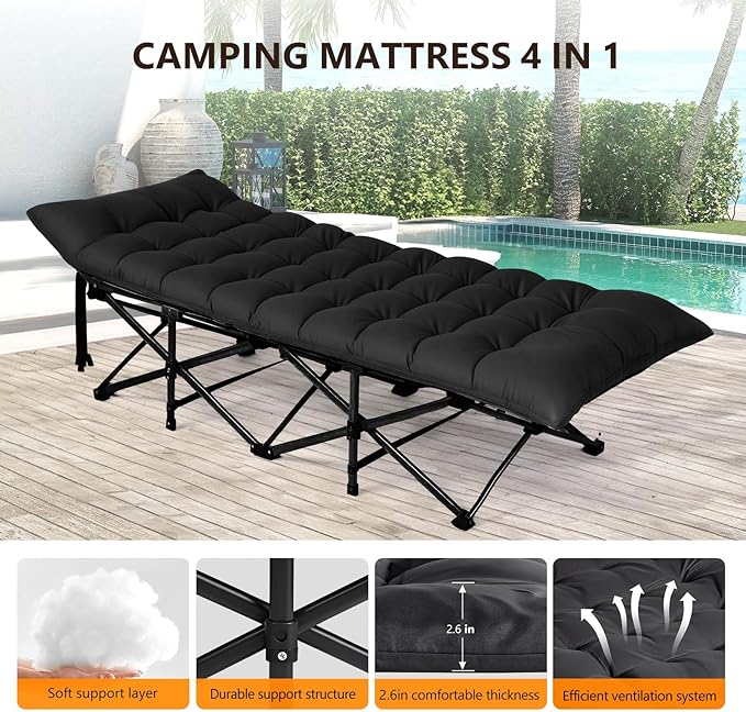 VINGLI Folding Camping Cot Bed,Camping Cots for Adults with Mattress, Cots for Sleeping with Pillow 1200D Layer Oxford for for Guest-Grey & Black