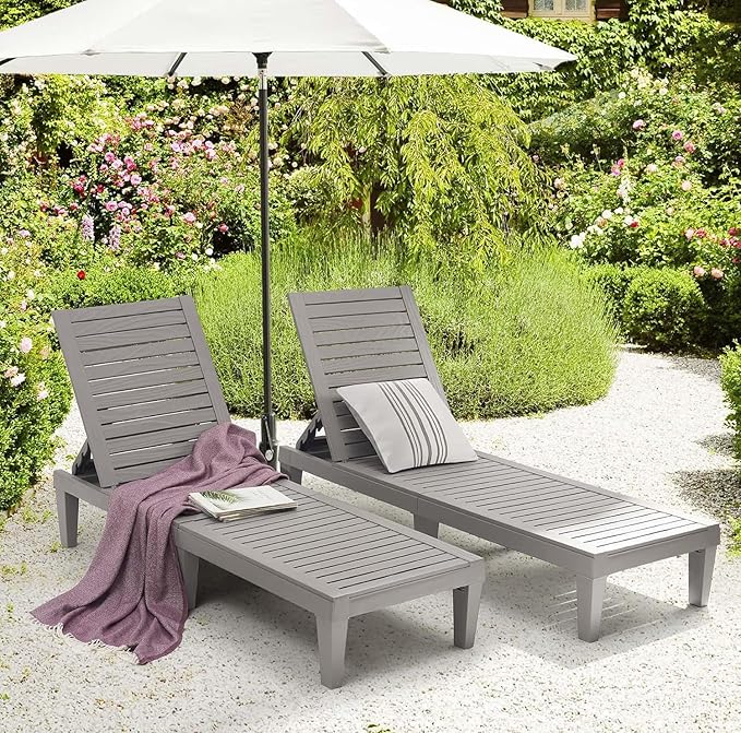 Nestl Patio Chairs - Grey Chaise Lounge Chair Outdoor, 5-Position Adjustable Sun Tanning Chair, Waterproof Pool Lounge Chairs Set of 2, Reclining Lawn Chair, Lightweight Outdoor Lounge Chairs