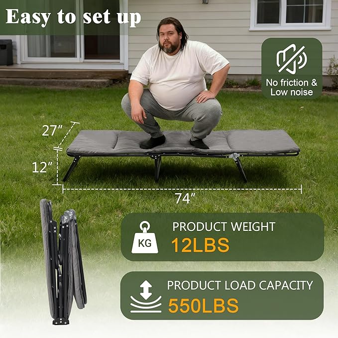 XMT Camping Cot with Mattress, 550LBS(Max Load), Portable Folding Outdoor Bed for Adults Kids, Double Layer 1200D, Heavy Duty Cot for Traveling Gear Supplier, Office Nap, Home Lounging(Grey)