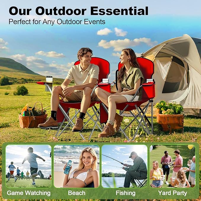 Folding Camping Chairs Durable 600D Oxford, Portable Outdoor Chair with Cooler Pouch, Cup Holder & Storage Pocket for Camping, Beach, Fishing