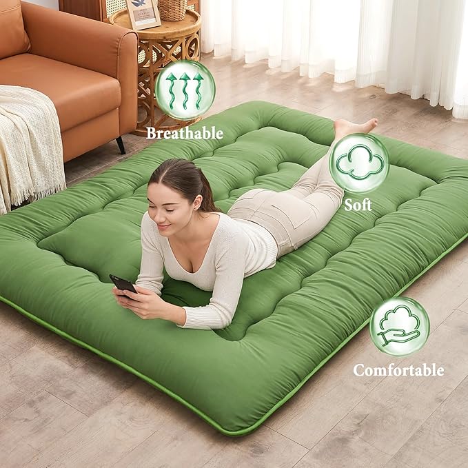 DAICO Japanese Floor Mattress, 4'' Thicken Futon Mattress Tatami Mat, Sleeping Pad Foldable Roll Up Mat for Camping and Guest Room, Full Size 54''*80'', Green