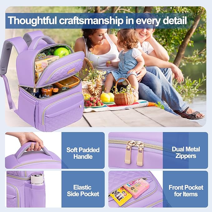 Lunch Backpack Insulated Coolers Backpacks - Lunch Bag for Women Double Decker Lunch Box, Leakproof Lunchbag Large Lunchbox Back Pack Lunch Cooler Bag for Picnic Beach Camping Work