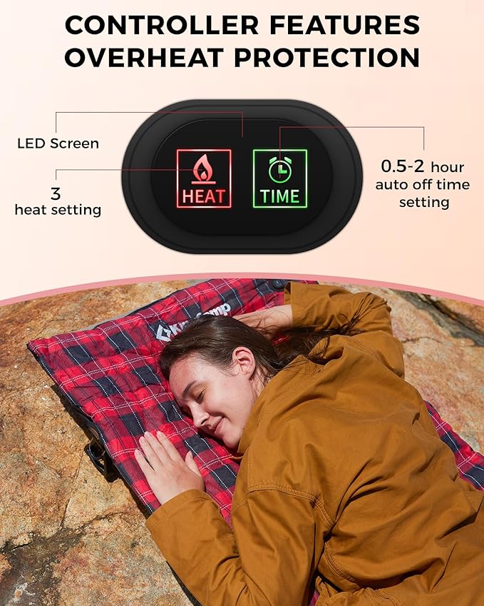 KingCamp 6 Heating Zones Heated Sleeping Bag Pad, 3s Heat-up Portable XL Sleeping Bag Liner for Cold Weather Camping, Hiking, Multi USB Power Supported, Compact Bag Included