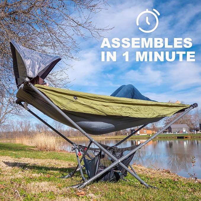 Portable Hammock with Stand, World's Best Mock ONE® Hammock, Compact Folding Framed Hammock with Adjustable Sunshade Canopy for Park, Backyard, Garden, Camping, Hiking, Mountaineering, Beaches- Green